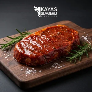 Een vers, gemarineerd rundvlees steak met rozemarijn en grof zeezout op een houten snijplank, klaar voor de BBQ.