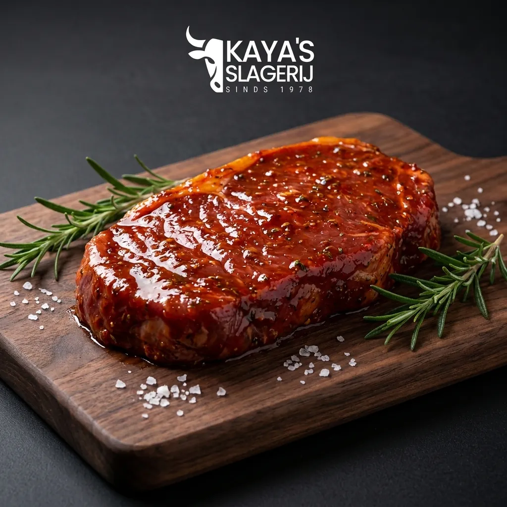 Een vers, gemarineerd rundvlees steak met rozemarijn en grof zeezout op een houten snijplank, klaar voor de BBQ.