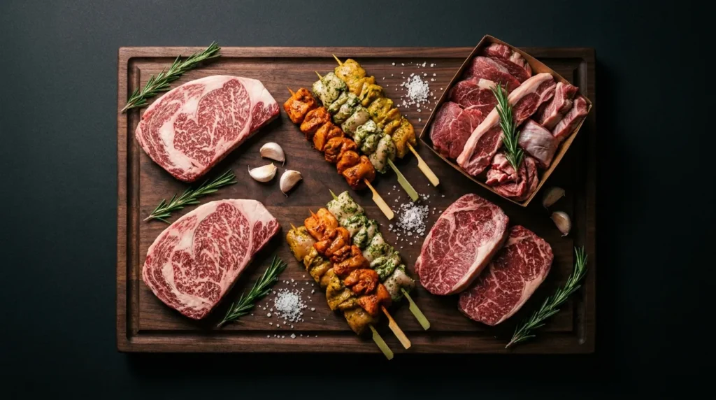 Een selectie van vers halal vlees op een houten plank: twee ribeye steaks, twee spiesjes met gemarineerd kip- en lamsvlees, en een doos vol gesneden rundvlees met rozemarijn en knoflooktenen. Er is grof zeezout gestrooid over de plank.