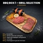 BBQ BOX 1 – Grill Selection voor 6 personen: halal BBQ-pakket met runds filet, gehakt saté met aubergine, opgerolde kiplapjes met groente, lamssaté en champignons gevuld met kaas