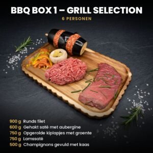 BBQ BOX 1 – Grill Selection voor 6 personen: halal BBQ-pakket met runds filet, gehakt saté met aubergine, opgerolde kiplapjes met groente, lamssaté en champignons gevuld met kaas
