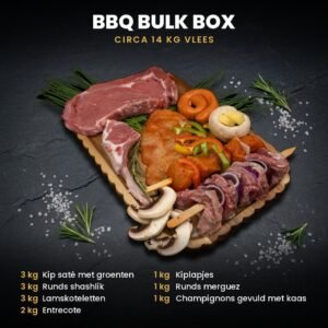 BBQ Bulk Box: circa 14 kg halal BBQ-vlees met kip saté met groenten, runds shashlik, lamskoteletten, entrecote, kiplapjes, runds merguez en champignons gevuld met kaas