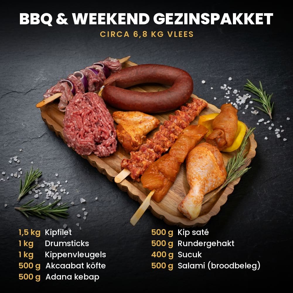 BBQ & Weekend Gezinspakket: circa 6,8 kg halal vlees met kipfilet, drumsticks, kippenvleugels, Akcaabat köfte, Adana kebap, kip saté, rundergehakt en sucuk