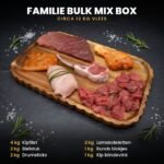 Familie Bulk Mix Box: circa 12 kg halal vlees met kipfilet, biefstuk, drumsticks, lamskoteletten, runds blokjes en kip blindevink