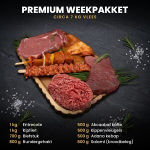 Premium Weekpakket: circa 7 kg halal vlees met entrecote, kipfilet, biefstuk, rundergehakt, Akcaabat köfte, kippenvleugels en Adana kebap