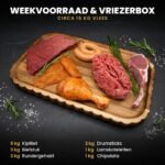 Weekvoorraad & Vriezerbox: circa 15 kg halal vlees met kipfilet, biefstuk, rundergehakt, drumsticks, lamskoteletten en chipolata